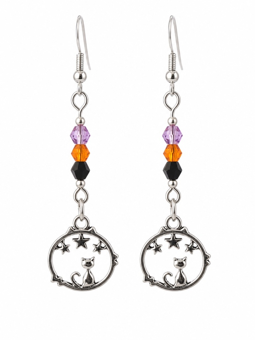 Silver Cat & Stars Dangle Earrings with Purple, Orange and Black Crystal Beads